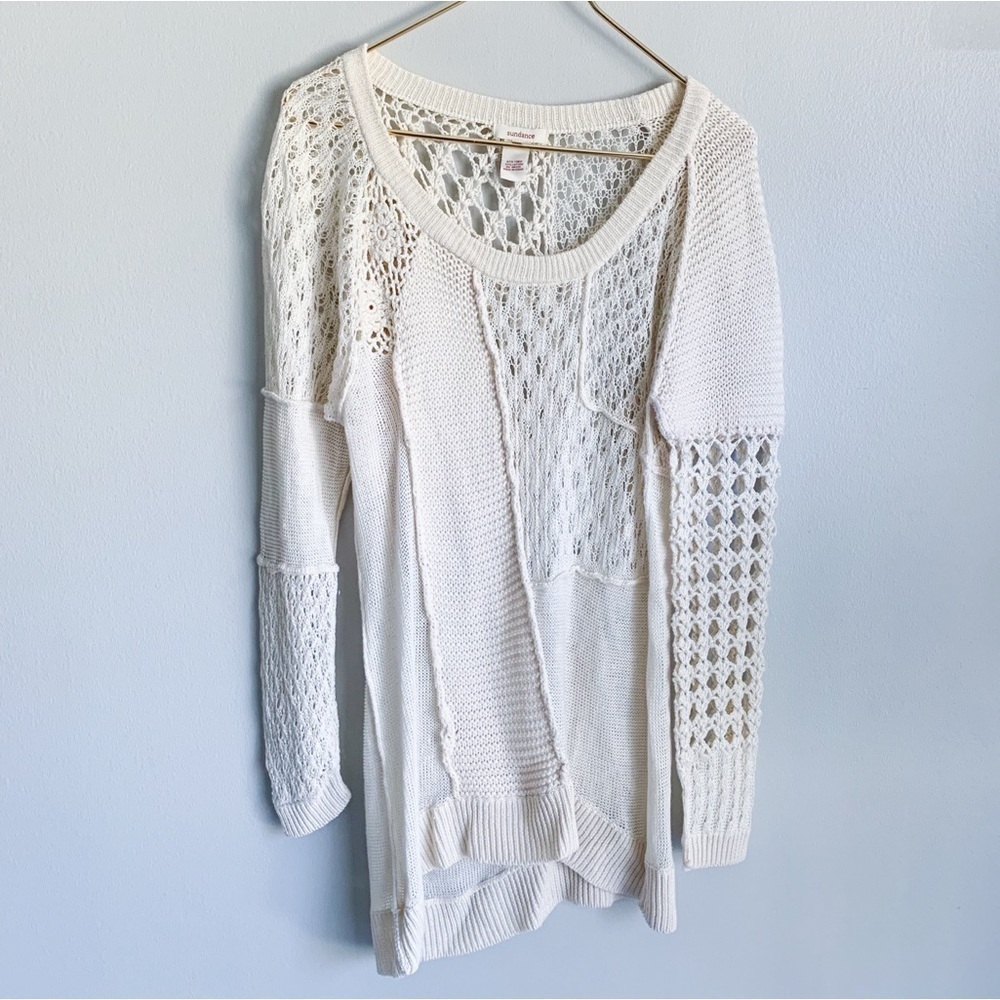 Sundance linen cotton crochet patchwork scoop neck knit sweater cream size large